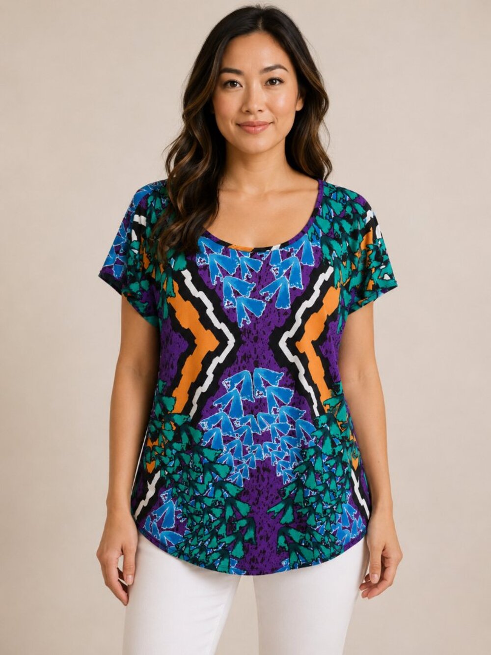 Peter Nygard Petite M Abstract Print Tunic Top Purple Teal Orange Stretch